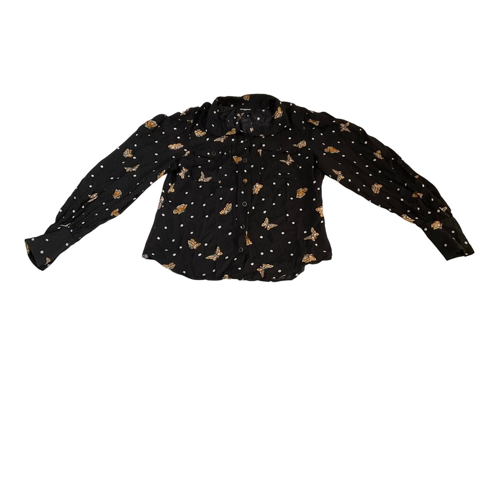The Kooples Butterfly Polka Dot Blouse Women Size 3 Black Jacquard Button Down